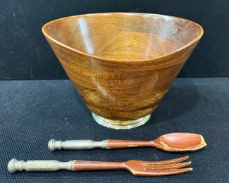 Vintage Genuine Mahogany Salad Bowl with Sterling Silver Base  SterlingHandled Servers  3 Pc Set