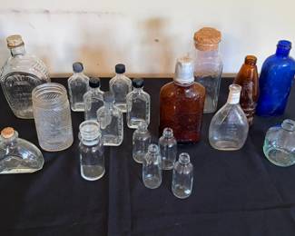 Vintage Bottle and Jar Collection  Jumbo Peanut Butter, Log Cabin and Cobalt Glass