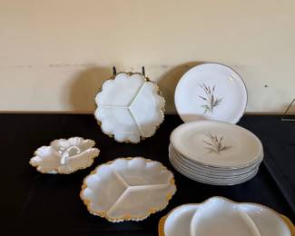 Grace China Lady Diana Plates with Three GoldTrim MilkGlass Divided Servers