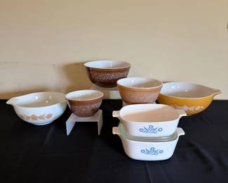 Pyrex Woodland Butterfly Gold Bowls with Corning Ware Casseroles