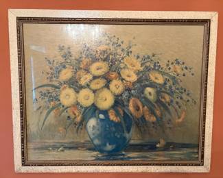 Framed Floral Still Life in Blue Vase  Marked Gustave Wiegand