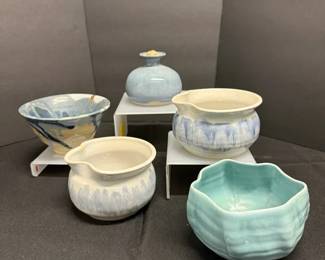 Signed Studio Art Pottery Collection  Blue  Aqua Glazes, 5 Pieces