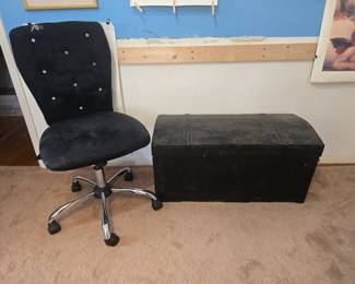 Vintage storage trunk and a desk chair with rhinestones