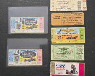 1973 Indianapolis 57th International 500 Mile Sweepstakes race ticket stub, 1971 Indy 500 Ticket Indianapolis Motor Speedway Terrace Extension, 1973 Indy 500 Qualifications Admission Ticket Pass Card, 1987 Indianapolis 500 ticket