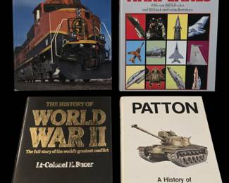 Large collectible books:  Burling Northern Santa Fe Railway, The great book of Modern Warplanes, The History of WWII, Patton - A history of the American Main Battle Tank