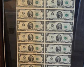 Framed uncut sheet of United States $2 Federal Reserve Notes 