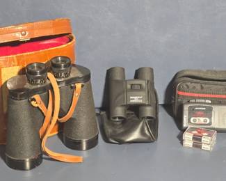 Binoculars and Sony mini cassette recorder with case