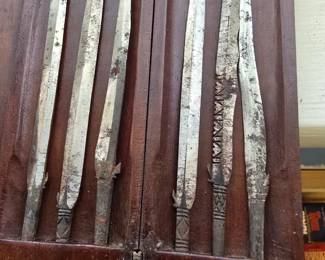 Antique steel Indonesian Cockfighting Spurs (Taji) in wooden case