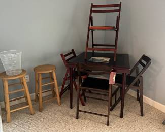 Wooden Bar Stools (2), Wooden Card Table w/4 Chairs,