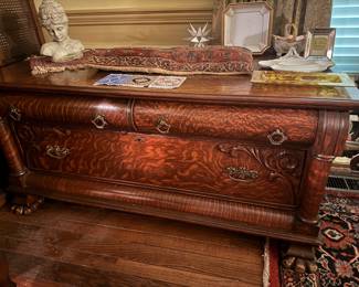 This tiger oak beauty is 53” wide and has an accompanying mirror that is 53” tall and 39” wide
