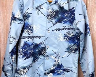 Groovy 1970s Disco era butterly collar polyester print shirt