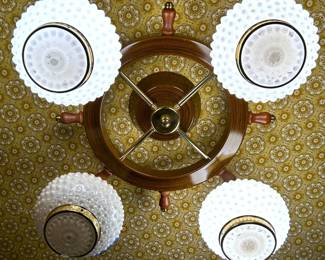 Vintage 1950s nautical theme ceiling light fixture with milk glass hobnail shades