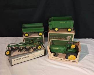 Vintage ERTL John Deere DieCast Farm Toy Lot Tractor, Plow, and Wagons