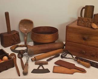 Antique and Vintage Primitive Wooden Kitchen Utensils, Tools, and More