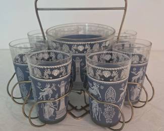 8 MidCentury Modern Glass Tumblers Ice Bucket Set w Caddy Greek Revival