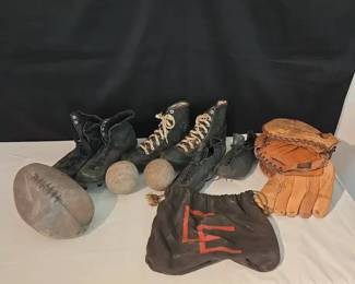 Antique Sports Collectibles Lot Vintage Converse, Leather Cleats, Football, Gloves, Bag