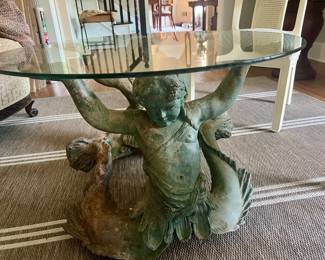 Italian Bronze Neoclassical Putti Di Mare Mermaid Cocktail Table 31Wx19H