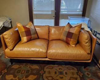 Crate and Barrel custom leather caramel color sofa 70" x 34"