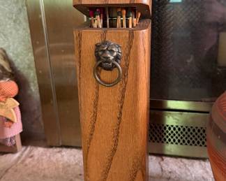 Vintage Oak Fireplace Match Holder with Lion Head Pull