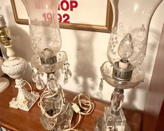 Vintage Crystal Prism Hurricane Table Lamps with Etched Grapevine Shades