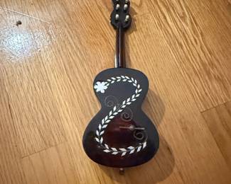 Vintage Napoli Italy Wooden Guitar Music Box with Mother-of-Pearl Inlay