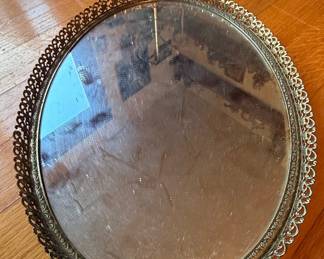 Vintage Gold Tone Filigree Oval Vanity Tray with Mirror