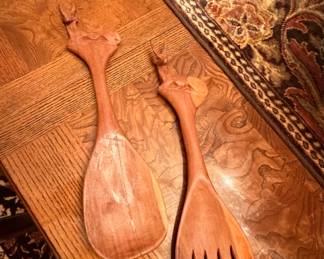 Vintage Hand-Carved Wood Antelope/Gazelle Salad Servers