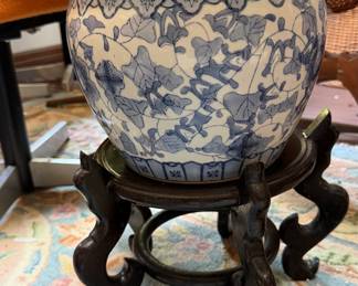 Vintage Blue and White Chinoiserie Porcelain Fishbowl Planter with Carved Wooden Stand