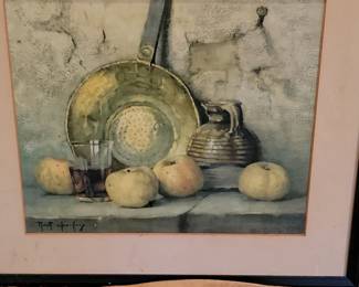 Still Life with Apples and Copper Colander by Robert Chailloux - Vintage Watercolor