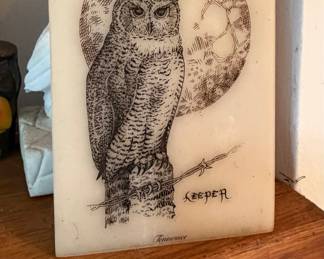 Vintage "Keeper" Owl and Moon Alabaster Plaque from Tennessee