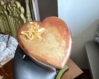 Vintage Gold Tone Heart-Shaped Trinket Box with Bow
