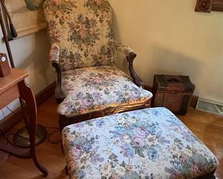 Vintage Floral Tapestry Upholstered Armchair and Ottoman