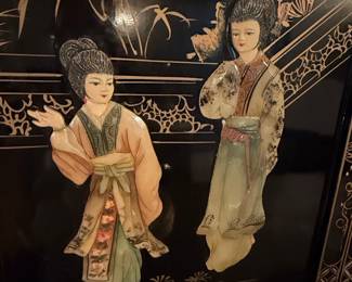 Vintage Chinese Four-Panel Lacquered Wall Art with Soapstone Figures