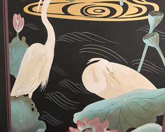 Vintage Chinoiserie Egret and Lotus Flower Art Panel