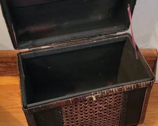 Vintage Woven Rattan and Faux Leather Storage Chest with Handle