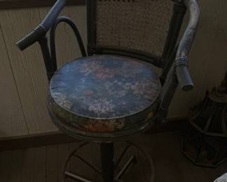 Vintage Rattan Swivel Bar Stool with Floral Upholstery