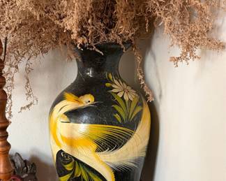 Vintage Tonalá Mexican Folk Art Pottery Vase with Yellow Bird and Floral Motifs