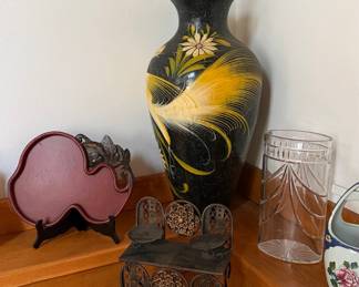 Vintage Black Vase with Hand-Painted Floral Motif and Gold Accents