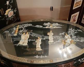 Vintage Black Lacquer Mother-of-Pearl Coffee Table with 6 Stools