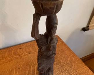 Vintage Hand Carved Wooden Figure of a Woman Carrying a Basket