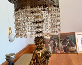 Vintage Brass Cherub Crystal Prism Table Lamp