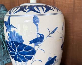 Vintage Blue and White Porcelain Ginger Jar