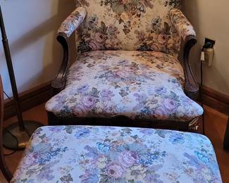 Vintage Floral Upholstered Bergere Armchair and Ottoman