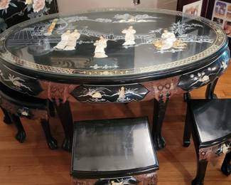 Vintage Chinese Black Lacquer Mother-of-Pearl Inlay Coffee Table and Stool Set