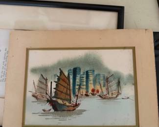Vintage Watercolor Harbor Scene with Junk Boats