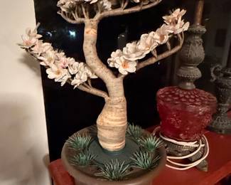Vintage Faux Cherry Blossom Bonsai Tree Sculpture