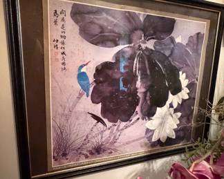 Vintage Chinese Ink and Wash Painting with Kingfisher and Lotus