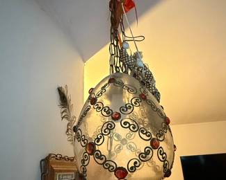 Vintage Wrought Iron and Red Glass Pendant Light
