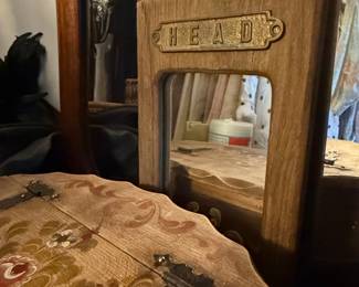 Vintage Wooden Vanity Mirror with 'HEAD' Plaque