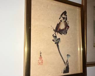 Vintage Chinese Ink and Watercolor Butterfly Painting with Red Seal